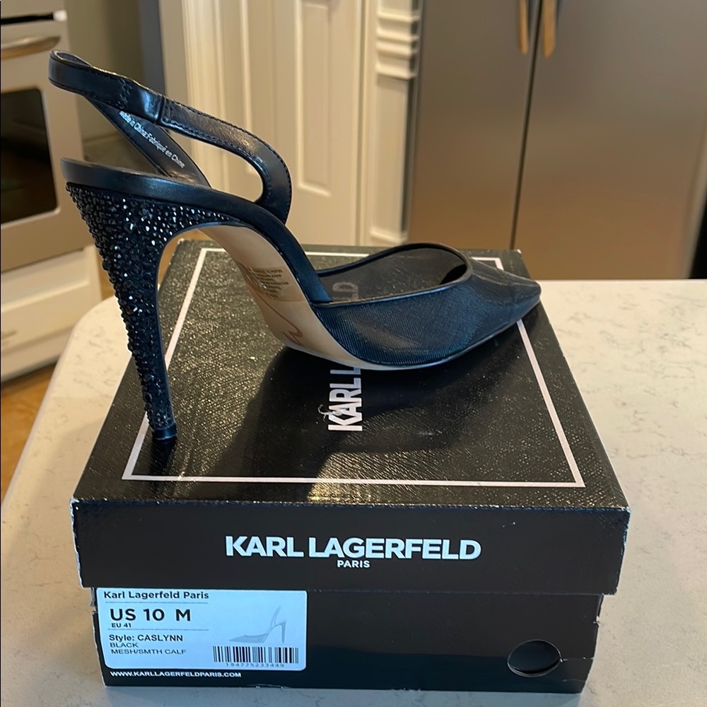 Karl Lagerfeld Black Stiletto Heels with Ankle Strap